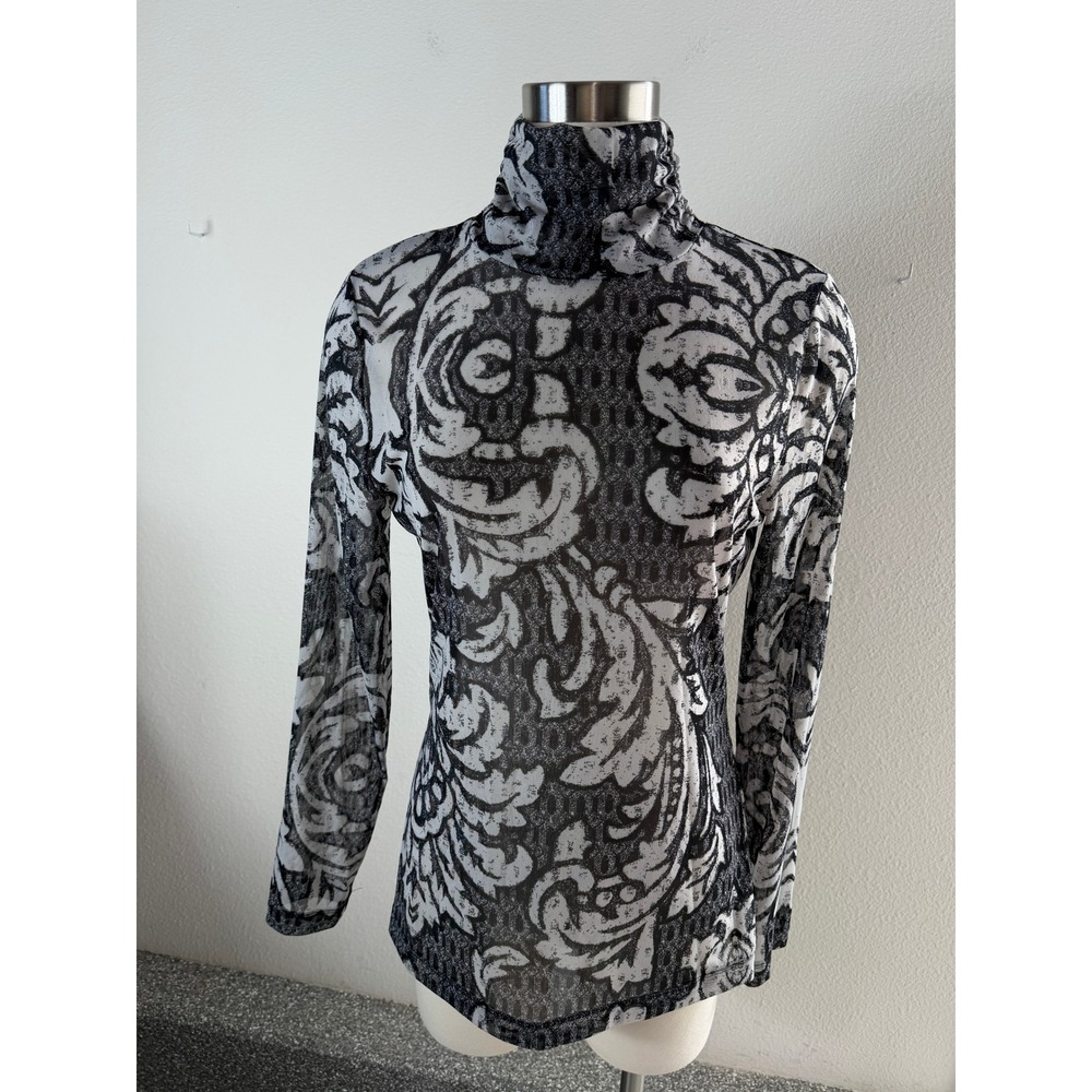 White House Black Market Medium Mesh Turtleneck Top Black White Floral Damask